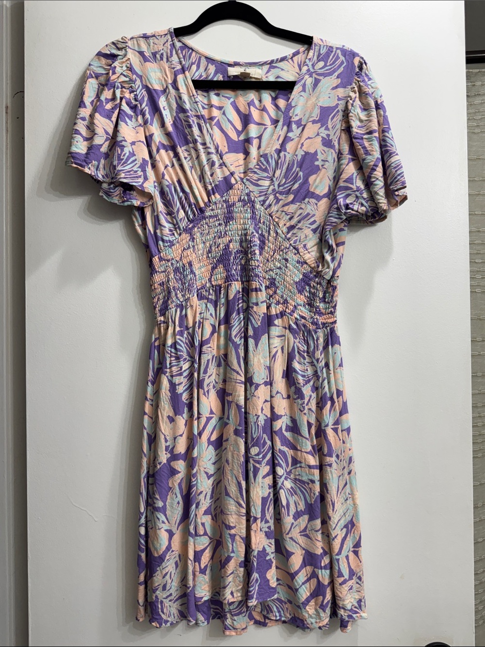 Floral Smocked Waist V-Neck Dress in Lavender and Peach